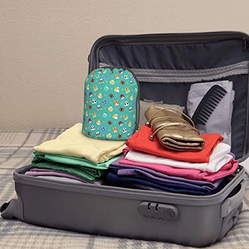 Ani-mal Cro-ss-ing Travel Cosmetic Bag Drawstring Barrel Makeup Bag,Women&Girls Portable Foldable Case,Multifunctional Toiletry Bucket Bag Round Organizer Storage Pocket Soft Collapsible
