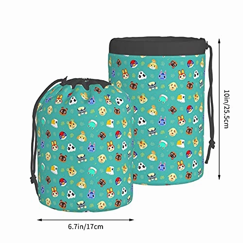 Ani-mal Cro-ss-ing Travel Cosmetic Bag Drawstring Barrel Makeup Bag,Women&Girls Portable Foldable Case,Multifunctional Toiletry Bucket Bag Round Organizer Storage Pocket Soft Collapsible
