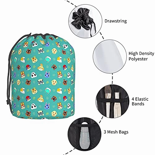 Ani-mal Cro-ss-ing Travel Cosmetic Bag Drawstring Barrel Makeup Bag,Women&Girls Portable Foldable Case,Multifunctional Toiletry Bucket Bag Round Organizer Storage Pocket Soft Collapsible