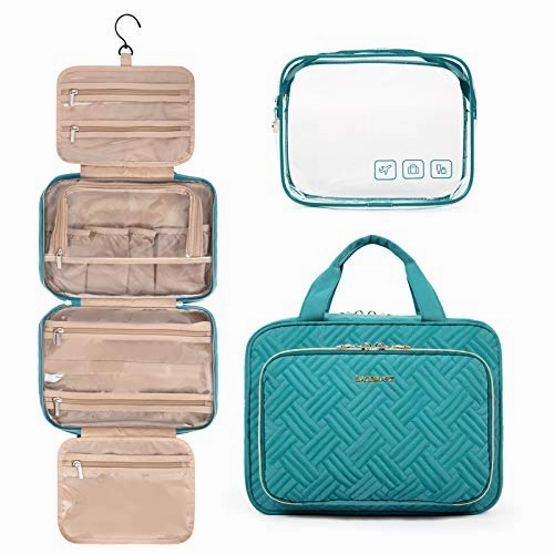 BAGSMART Toiletry Bag Hanging Travel Makeup Organizer with TSA Approved Transparent Cosmetic Bag Makeup Bag for Full Sized Toiletries, Medium-Teal