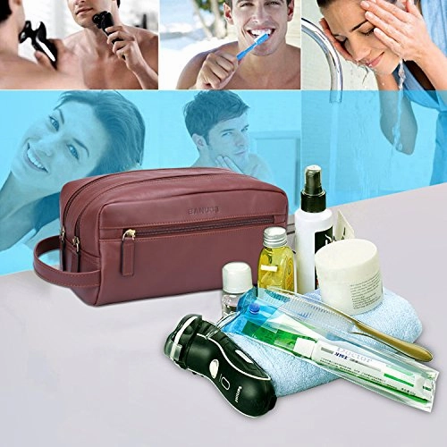 Banuce Vintage Full Grain Italian Leather Toiletry Bag for Men Women Hanging Travel Organizer Kit