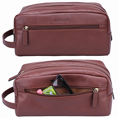Banuce Vintage Full Grain Italian Leather Toiletry Bag for Men Women Hanging Travel Organizer Kit