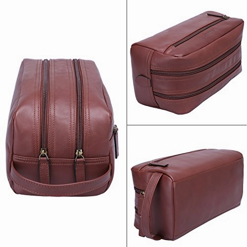 Banuce Vintage Full Grain Italian Leather Toiletry Bag for Men Women Hanging Travel Organizer Kit