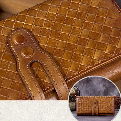 Blue Leather Braided Women's Trifold Leather Brown Long Wallet Clutch Wallets For Ladies