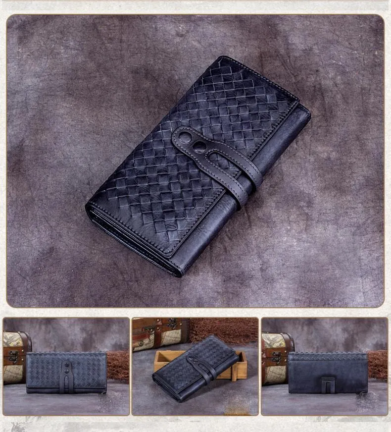 Blue Leather Braided Women's Trifold Leather Brown Long Wallet Clutch Wallets For Ladies