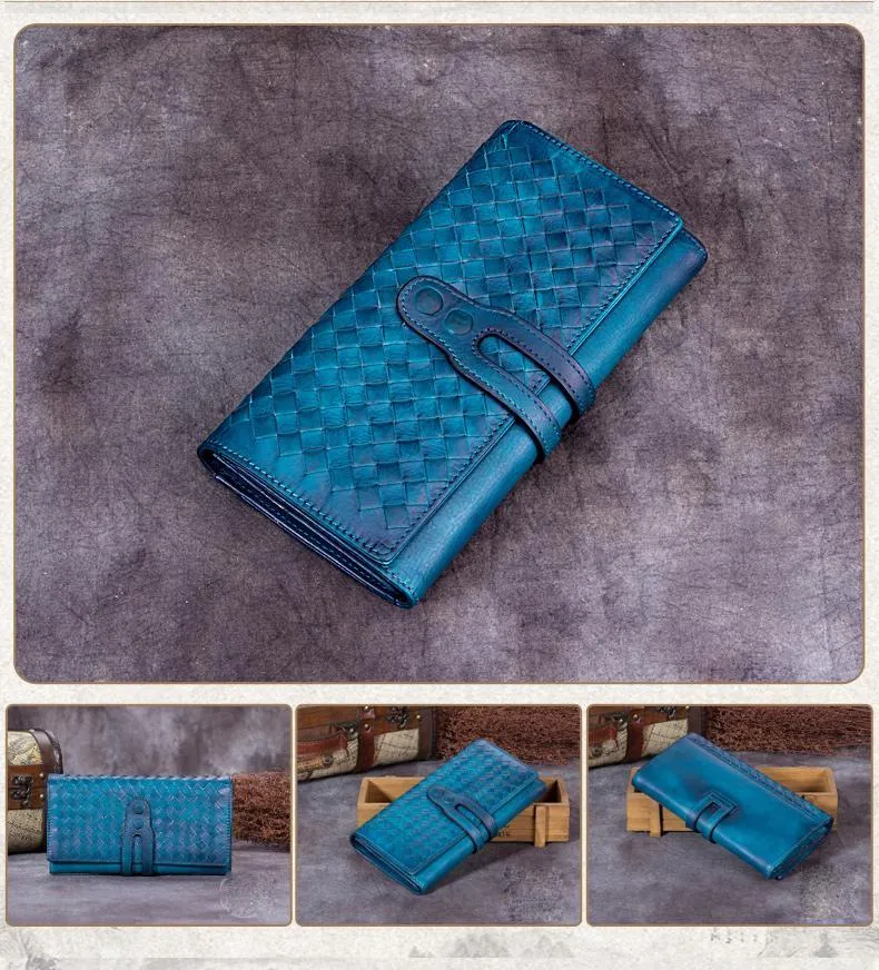 Blue Leather Braided Women's Trifold Leather Brown Long Wallet Clutch Wallets For Ladies