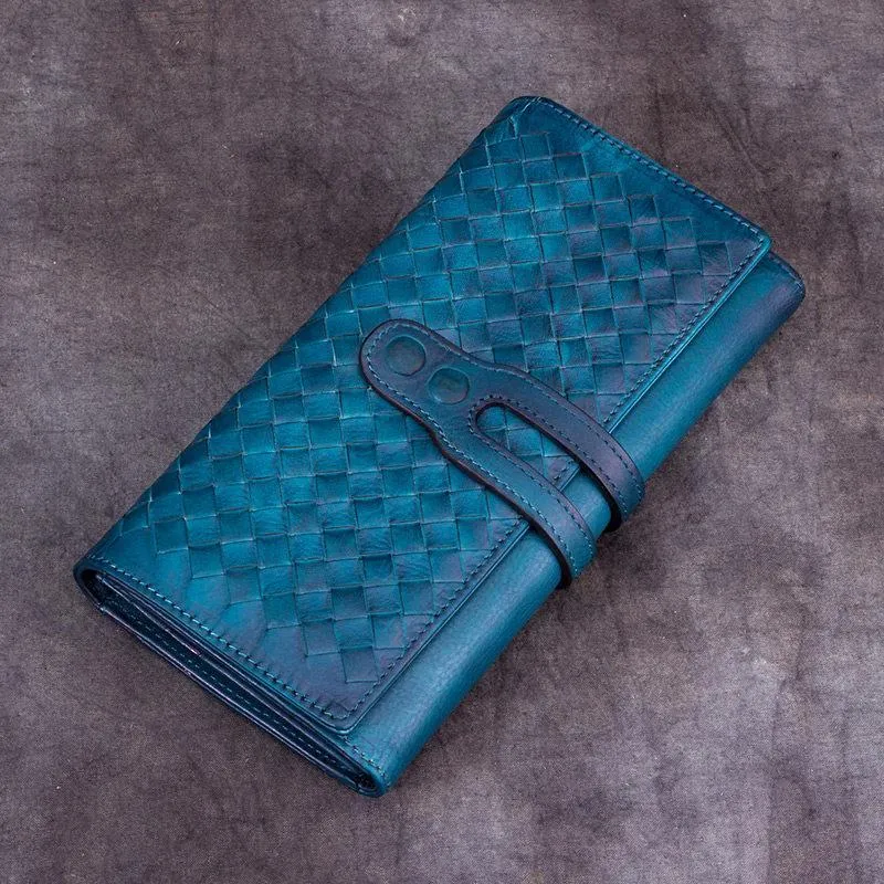 Blue Leather Braided Women's Trifold Leather Brown Long Wallet Clutch Wallets For Ladies
