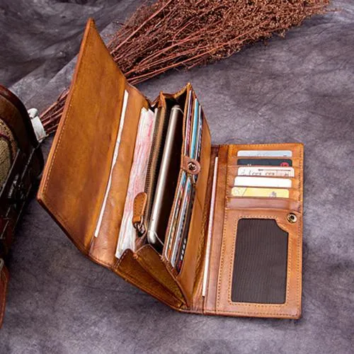 Blue Leather Braided Women's Trifold Leather Brown Long Wallet Clutch Wallets For Ladies