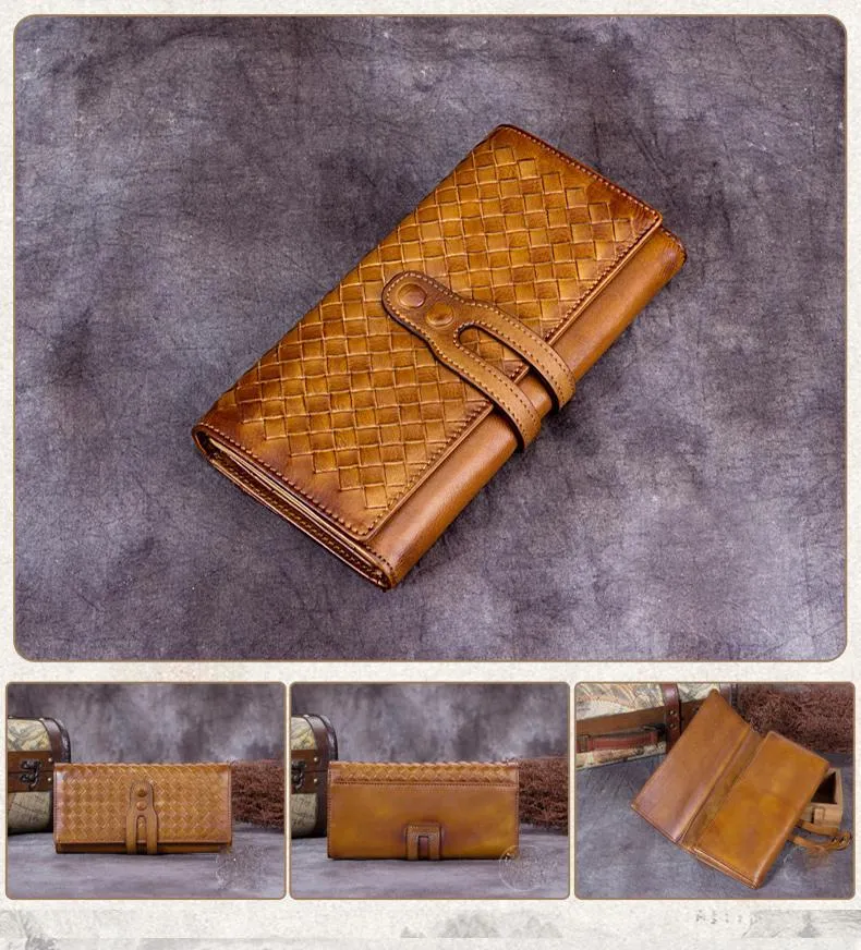 Blue Leather Braided Women's Trifold Leather Brown Long Wallet Clutch Wallets For Ladies