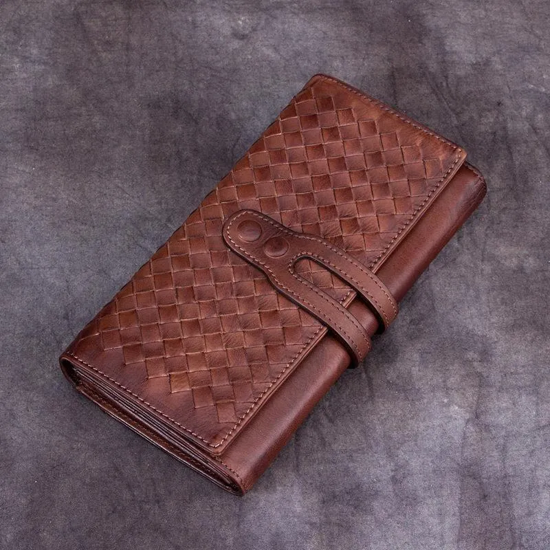 Blue Leather Braided Women's Trifold Leather Brown Long Wallet Clutch Wallets For Ladies