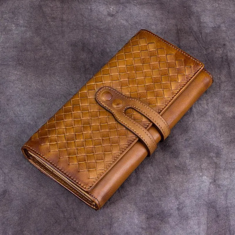 Blue Leather Braided Women's Trifold Leather Brown Long Wallet Clutch Wallets For Ladies