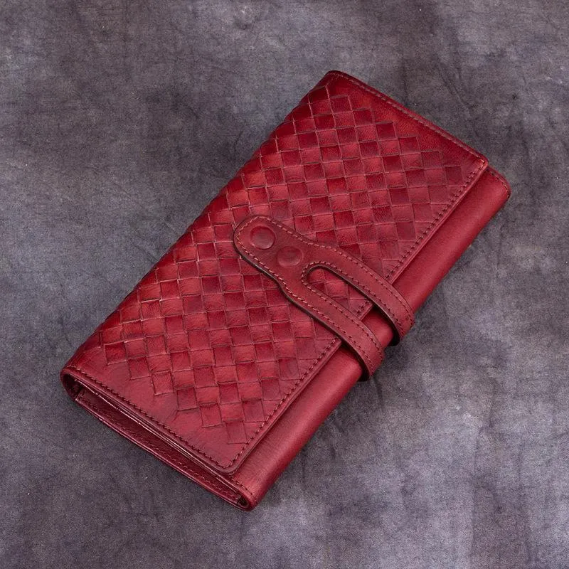 Blue Leather Braided Women's Trifold Leather Brown Long Wallet Clutch Wallets For Ladies
