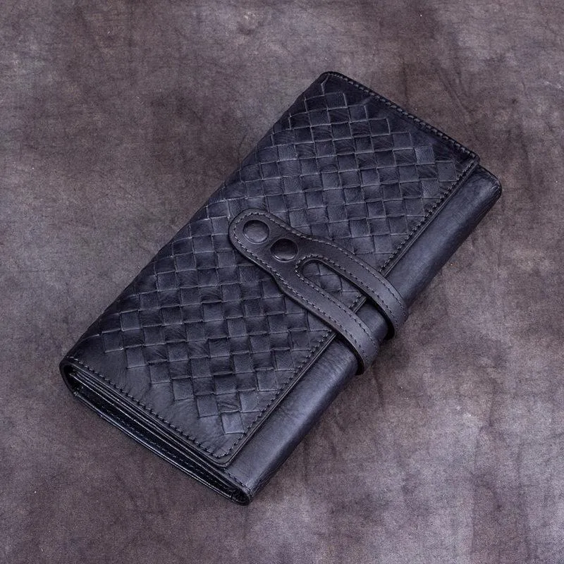 Blue Leather Braided Women's Trifold Leather Brown Long Wallet Clutch Wallets For Ladies