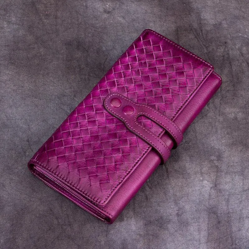 Blue Leather Braided Women's Trifold Leather Brown Long Wallet Clutch Wallets For Ladies
