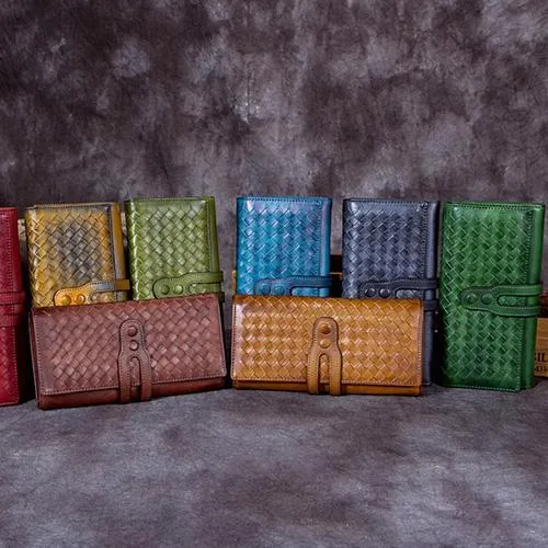 Blue Leather Braided Women's Trifold Leather Brown Long Wallet Clutch Wallets For Ladies