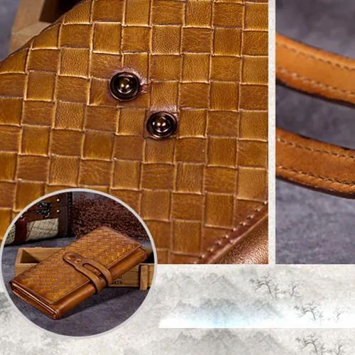 Blue Leather Braided Women's Trifold Leather Brown Long Wallet Clutch Wallets For Ladies