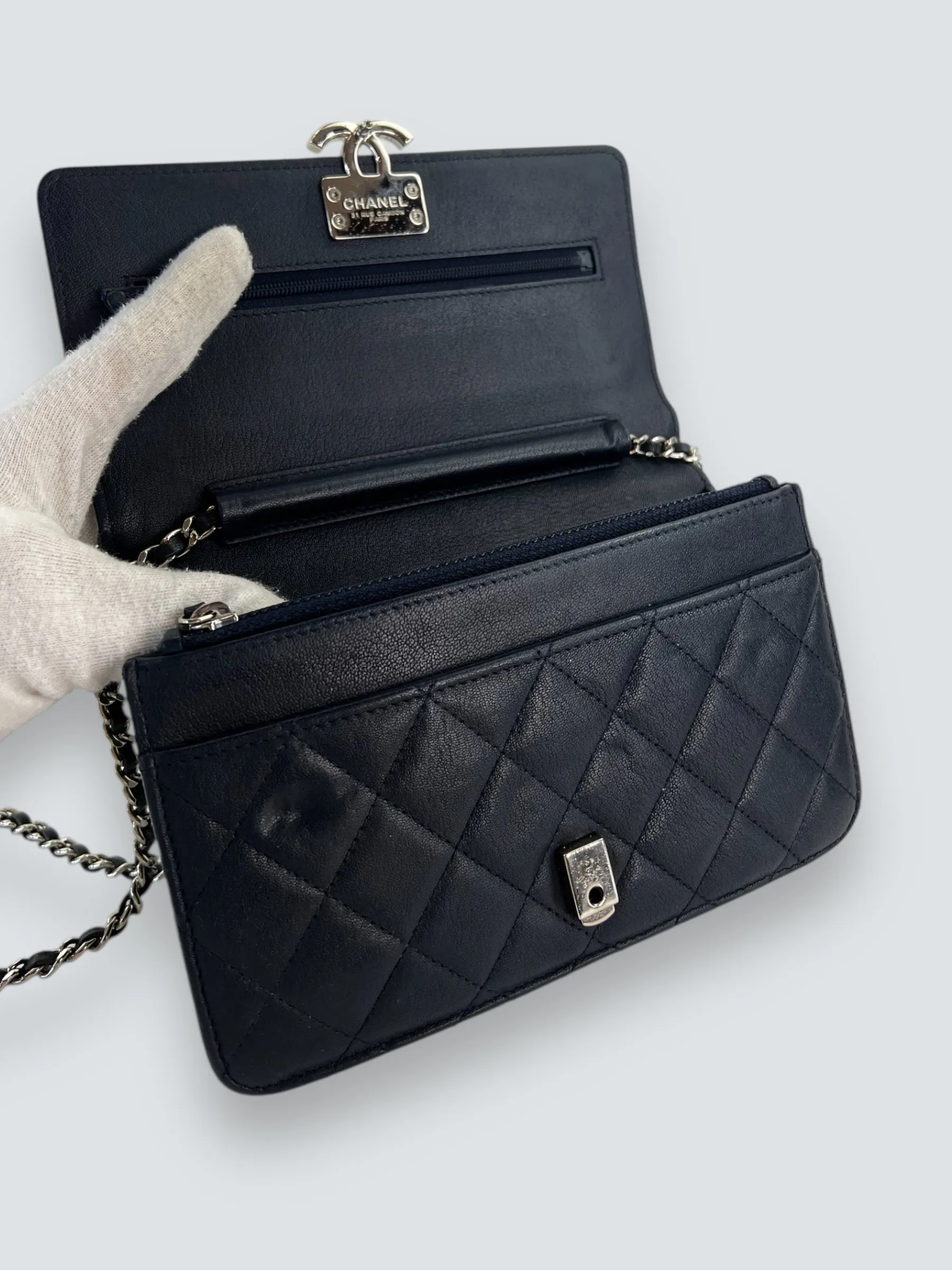 Chanel Navy Lambskin Leather Wallet on Chain (WOC)