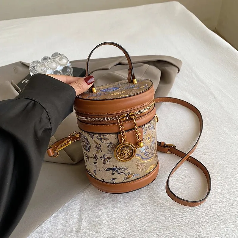 Chic Barrel Shape Embroidered Leather Crossbody Bag