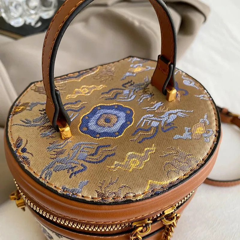 Chic Barrel Shape Embroidered Leather Crossbody Bag