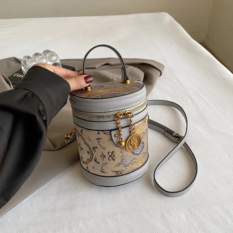 Chic Barrel Shape Embroidered Leather Crossbody Bag