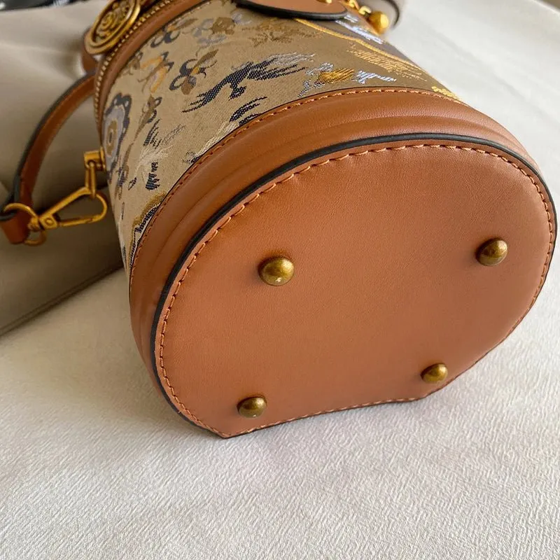 Chic Barrel Shape Embroidered Leather Crossbody Bag