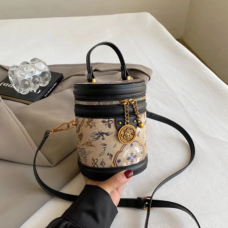 Chic Barrel Shape Embroidered Leather Crossbody Bag