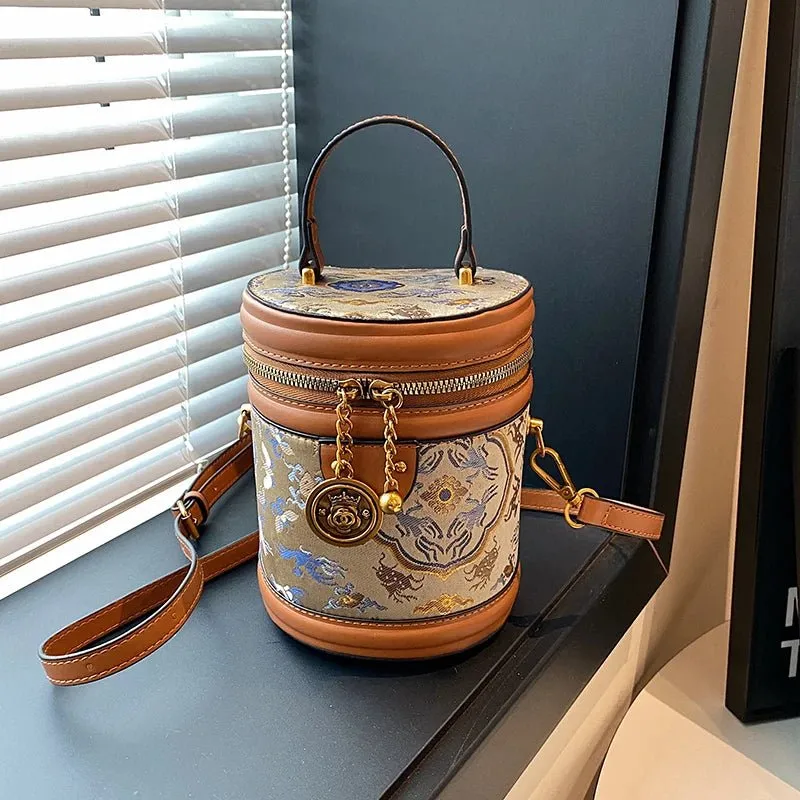Chic Barrel Shape Embroidered Leather Crossbody Bag