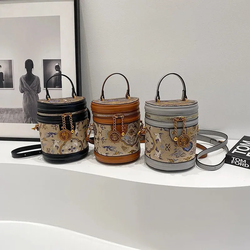 Chic Barrel Shape Embroidered Leather Crossbody Bag