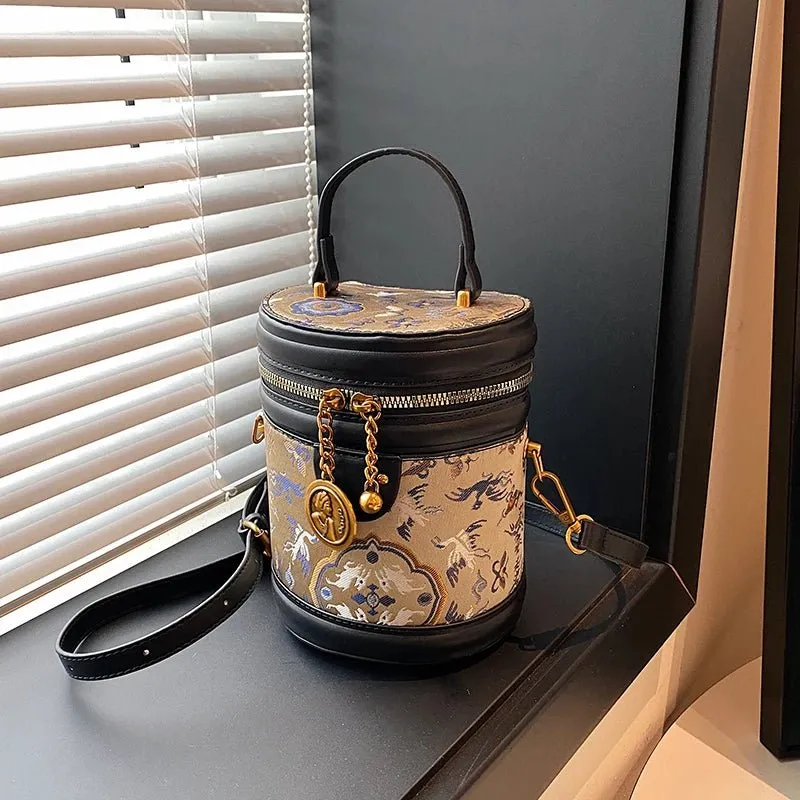 Chic Barrel Shape Embroidered Leather Crossbody Bag