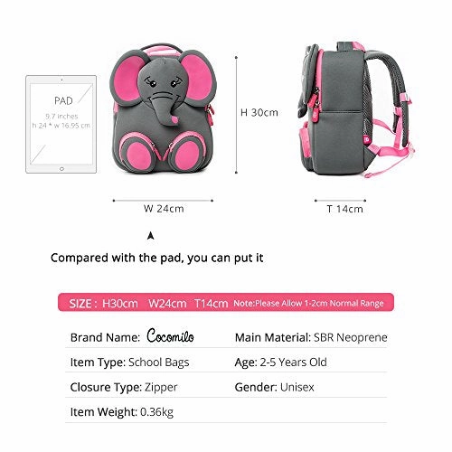 Cocomilo 12" Cute 3D Toddler Kids elephant Backpack for Boys Girls Leash Name Label (Grey/Pink)