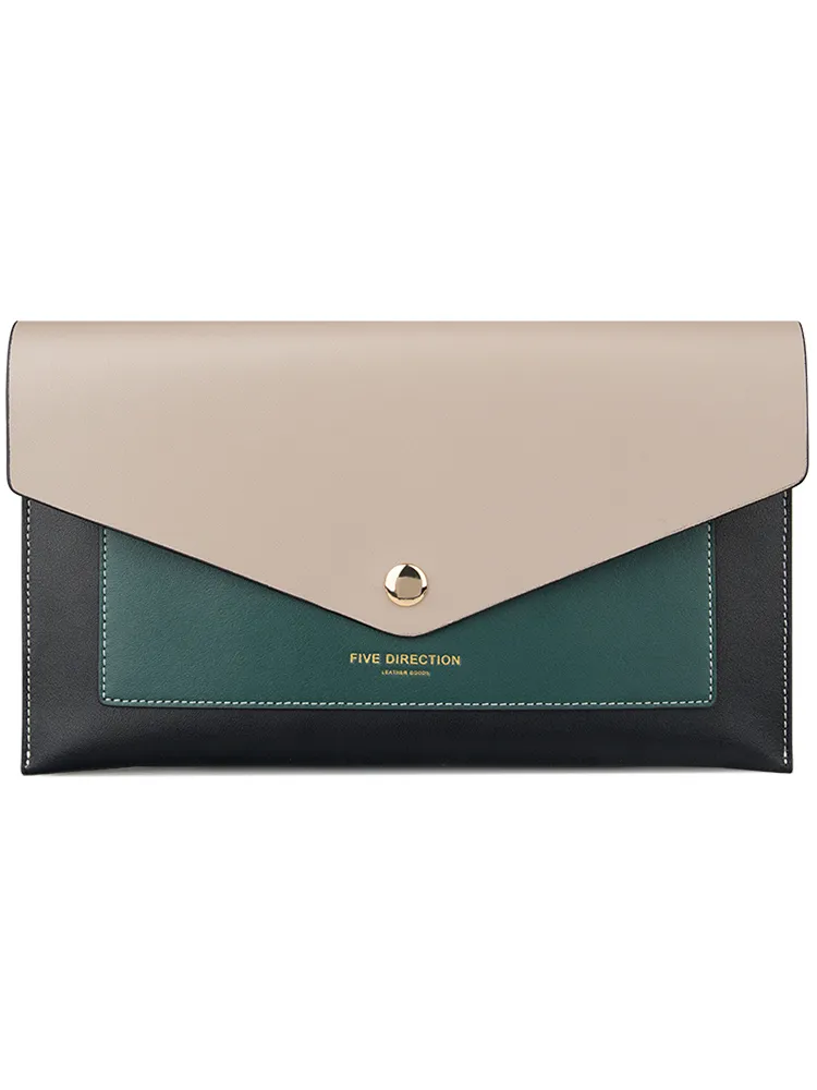 CONTRAST COLOR Black Envelope Leather Womens Slim Clutch Purse Long Checkbook Wallet for Women