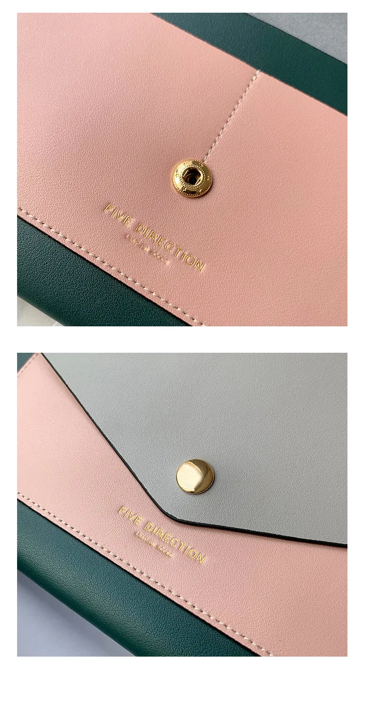CONTRAST COLOR Black Envelope Leather Womens Slim Clutch Purse Long Checkbook Wallet for Women