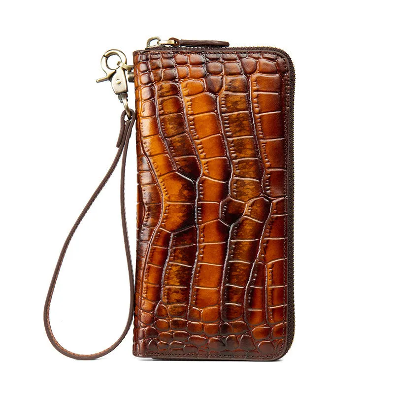 Crocodile Pattern Black&Red Leather Wristlet Wallet Womens Zip Around Wallets CONTRAST COLOR Ladies Zipper Clutch Wallets for Women