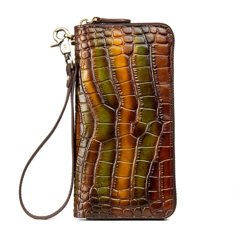 Crocodile Pattern Black&Red Leather Wristlet Wallet Womens Zip Around Wallets CONTRAST COLOR Ladies Zipper Clutch Wallets for Women