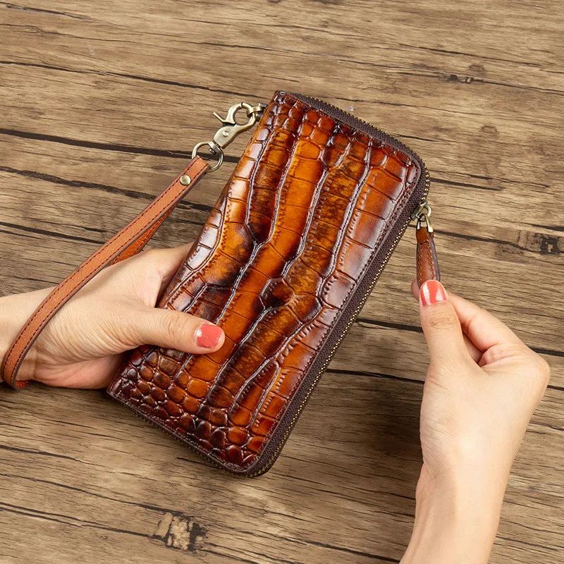Crocodile Pattern Black&Red Leather Wristlet Wallet Womens Zip Around Wallets CONTRAST COLOR Ladies Zipper Clutch Wallets for Women