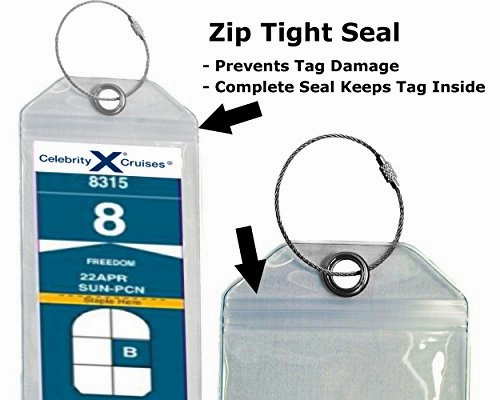 Cruise Luggage Tag Holder Zip Seal & Steel - Royal Caribbean & Celebrity Cruise (Clear - 4 Pack)
