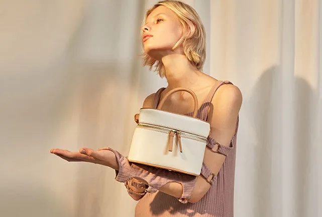 Cute Leather White Womens Mini Box Purse Handbag Barrel Shoulder Bag for Women