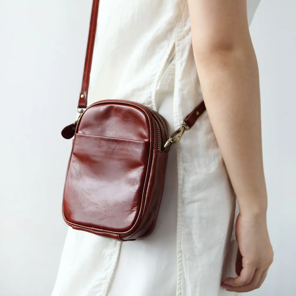 Cute Leather Womens Small Cell Phone Crossbody Bag Purse Double Zipper Shoulder Bag for Women
