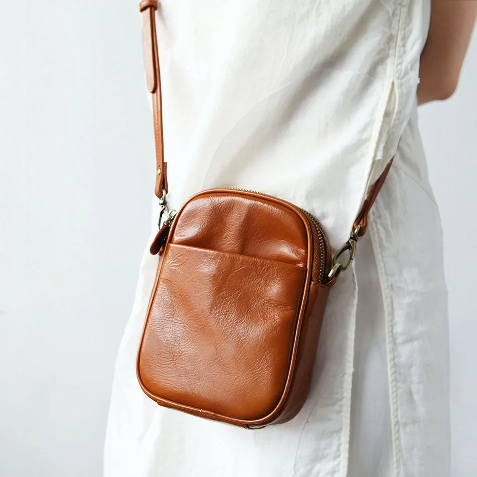 Cute Leather Womens Small Cell Phone Crossbody Bag Purse Double Zipper Shoulder Bag for Women