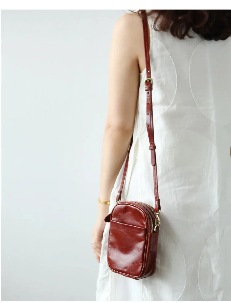 Cute Leather Womens Small Cell Phone Crossbody Bag Purse Double Zipper Shoulder Bag for Women