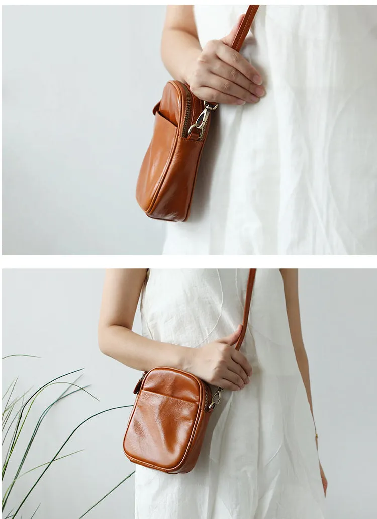 Cute Leather Womens Small Cell Phone Crossbody Bag Purse Double Zipper Shoulder Bag for Women