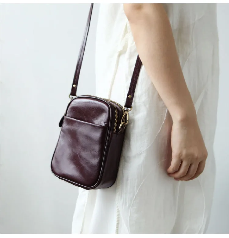 Cute Leather Womens Small Cell Phone Crossbody Bag Purse Double Zipper Shoulder Bag for Women