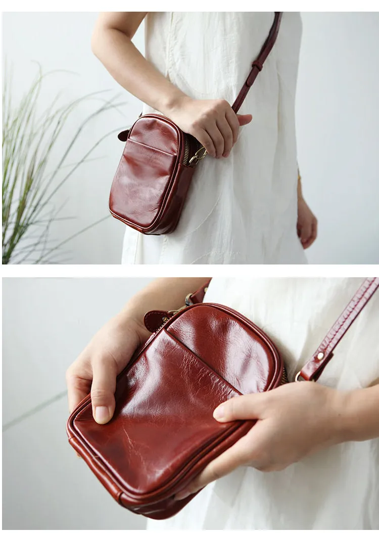 Cute Leather Womens Small Cell Phone Crossbody Bag Purse Double Zipper Shoulder Bag for Women