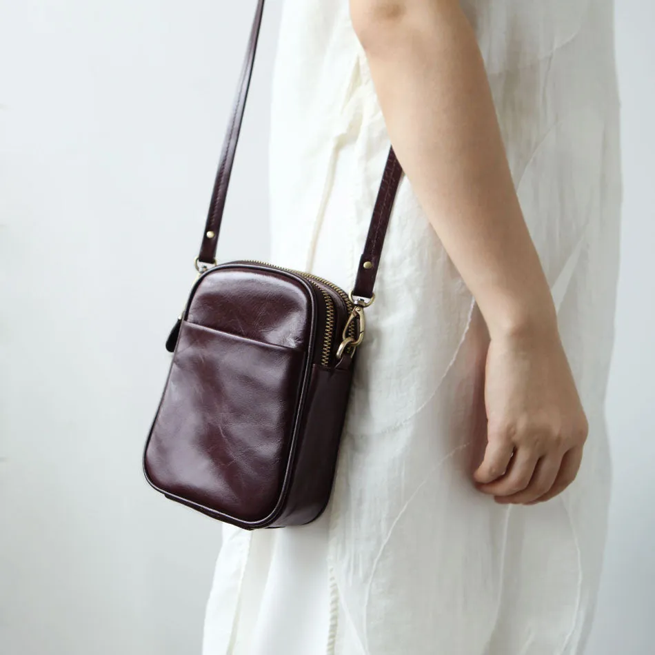Cute Leather Womens Small Cell Phone Crossbody Bag Purse Double Zipper Shoulder Bag for Women