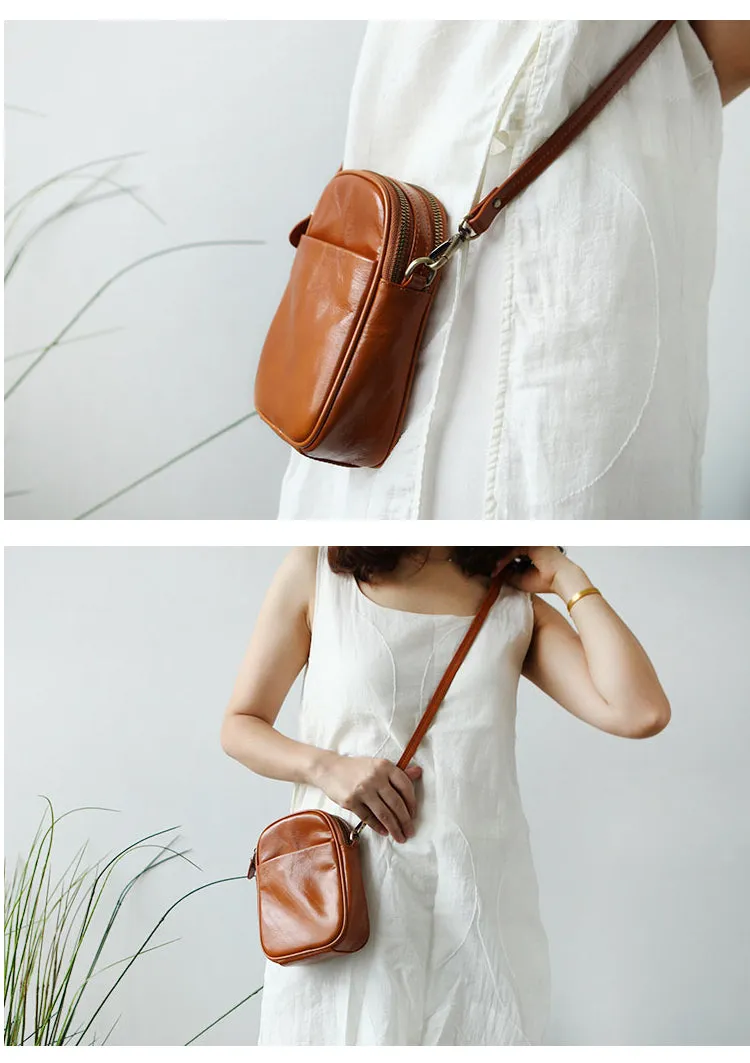 Cute Leather Womens Small Cell Phone Crossbody Bag Purse Double Zipper Shoulder Bag for Women