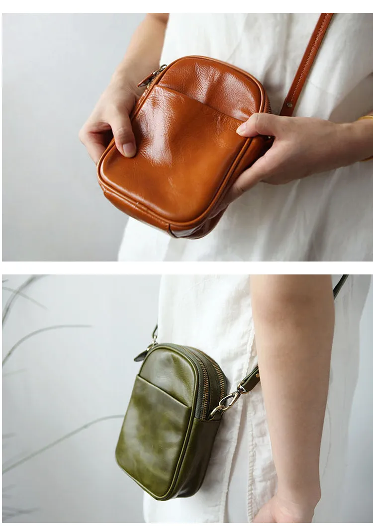 Cute Leather Womens Small Cell Phone Crossbody Bag Purse Double Zipper Shoulder Bag for Women