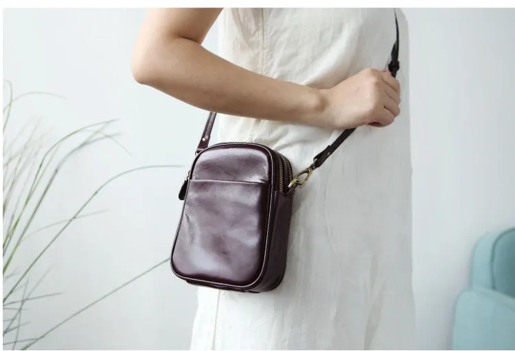 Cute Leather Womens Small Cell Phone Crossbody Bag Purse Double Zipper Shoulder Bag for Women