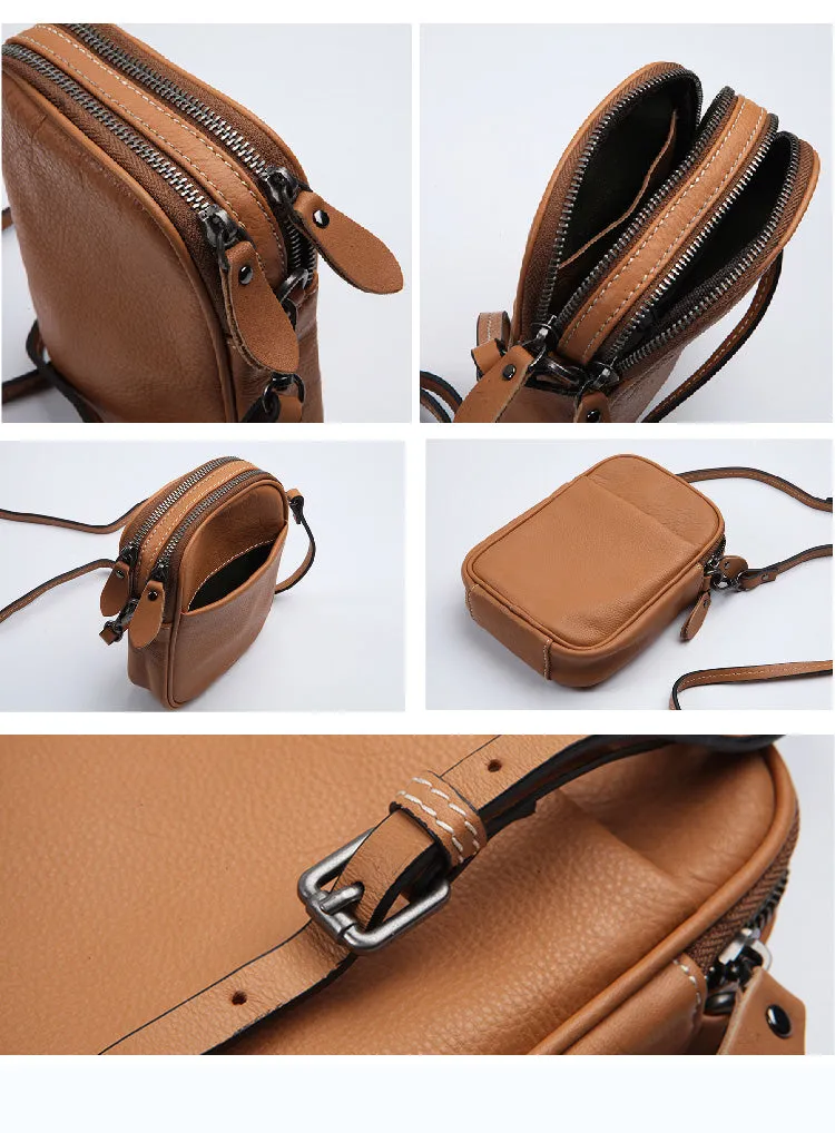 Cute Leather Womens Small Cell Phone Crossbody Bag Purse Double Zipper Shoulder Bag for Women