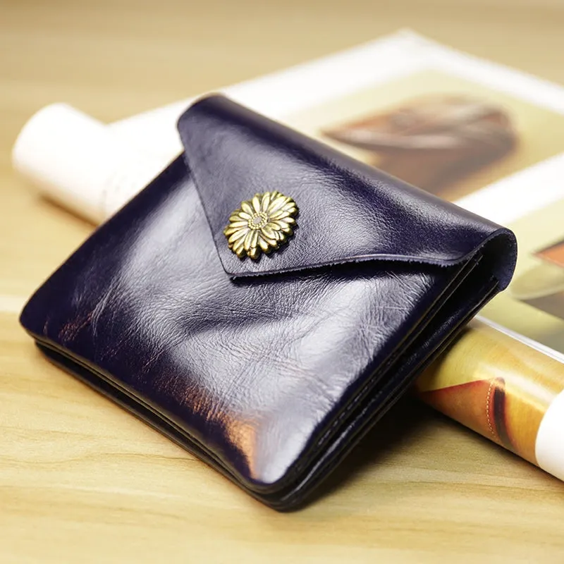 Cute Women Sunflower Black Leather Mini Billfold Wallet Coin Wallets Slim Change Wallets For Women