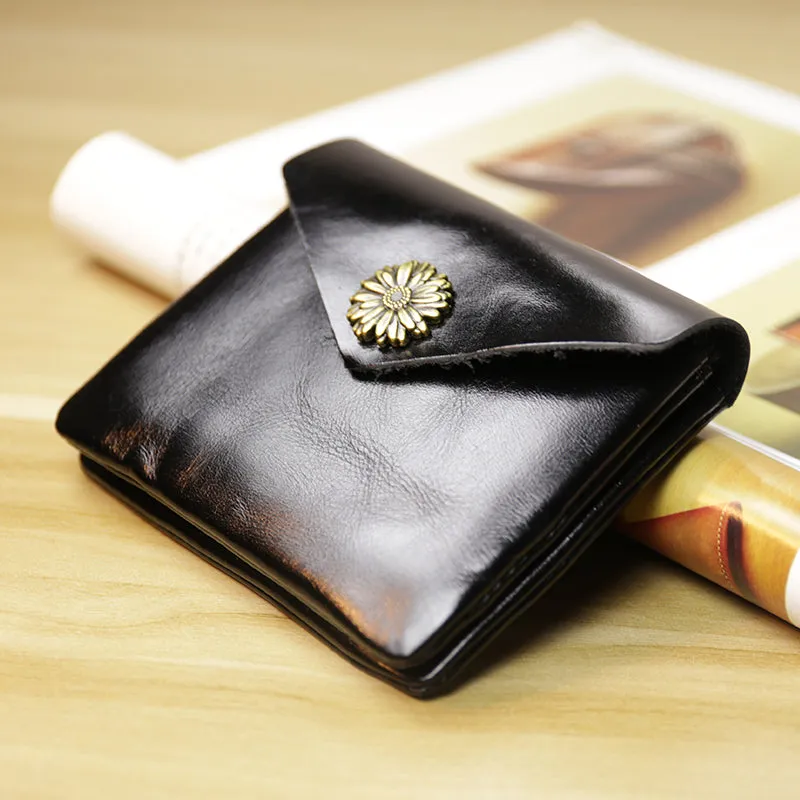 Cute Women Sunflower Navy Leather Mini Billfold Wallet Coin Wallets Slim Change Wallets For Women